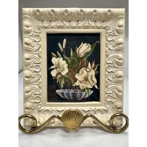 VTG Turner 1950s Ivory Floral Lithograph Framed Artwork Flowers Boho Retro 6x7"